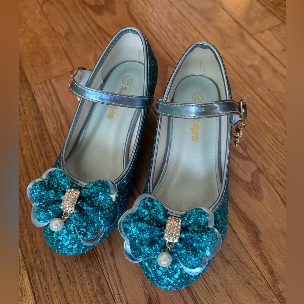 Girls Blue Sparkle Mary Jane Dress Up Shoes Size Girls 11.5 Velcro Strap GW